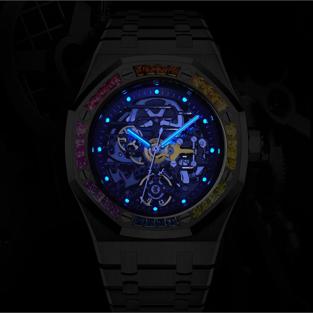 Redhai Automatic Mechanical Watch Skeleton Stainless 50M Waterproof Anti Shock Casual Diver Men Wrist Watch Sterling Watches Chronograph Analog Business Casual Fashion Adjustable Silicone Band