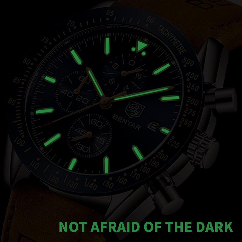 BENYAR Mens Watches Quartz Movement Chronograph Leather Strap Fashion Business Sport Design 30M Waterproof Scratch Resistant Elegant Gifts for Men
