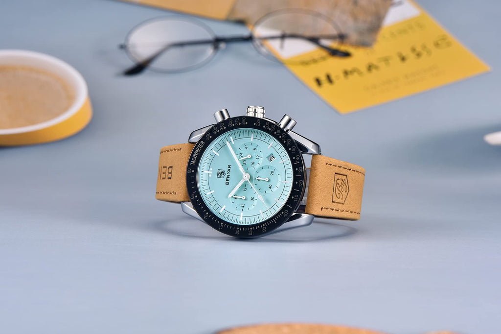 BENYAR Mens Watches Quartz Movement Chronograph Leather Strap Fashion Business Sport Design 30M Waterproof Scratch Resistant Elegant Gifts for Men