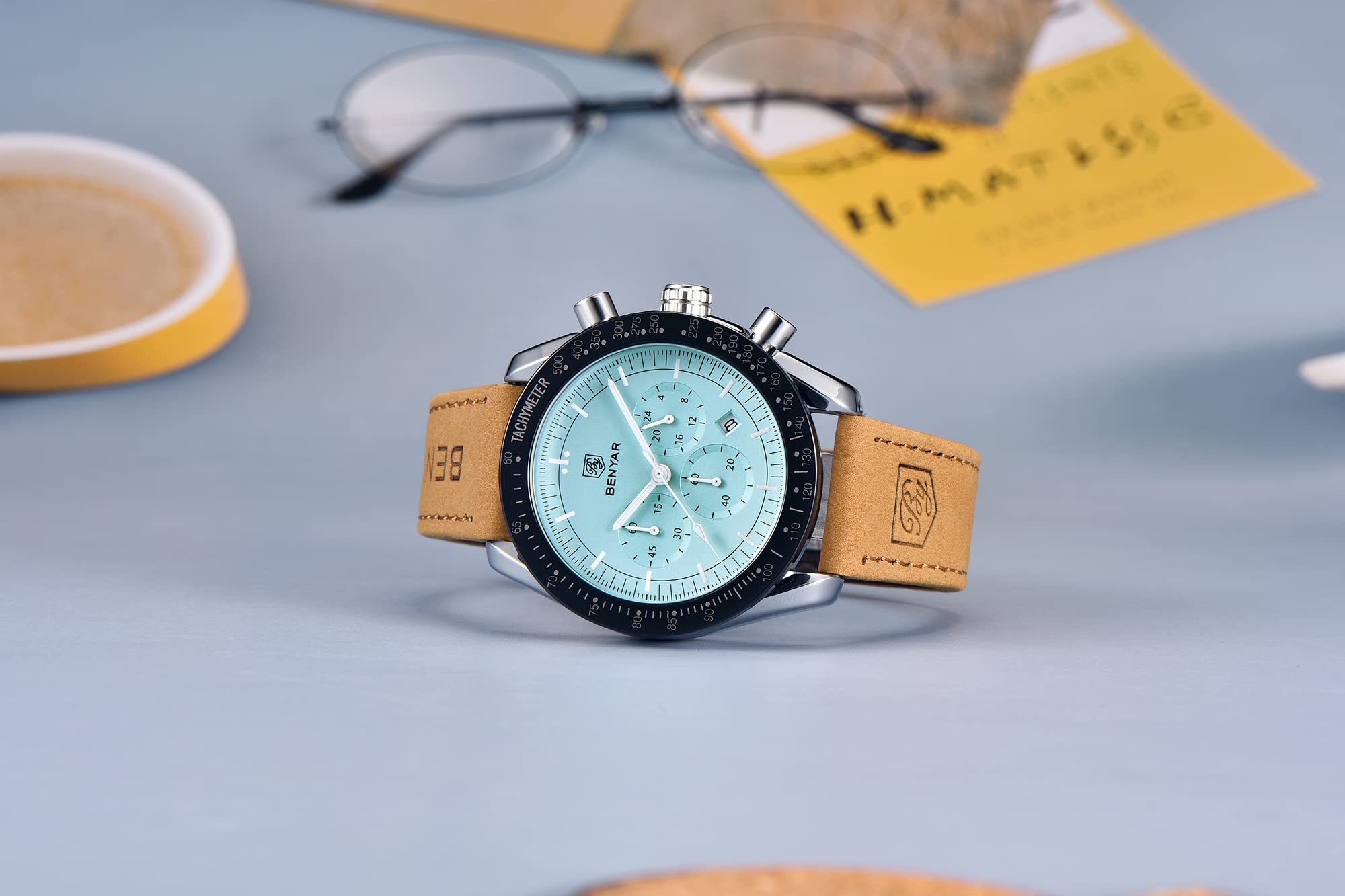 BENYAR Mens Watches Quartz Movement Chronograph Leather Strap Fashion Business Sport Design 30M Waterproof Scratch Resistant Elegant Gifts for Men