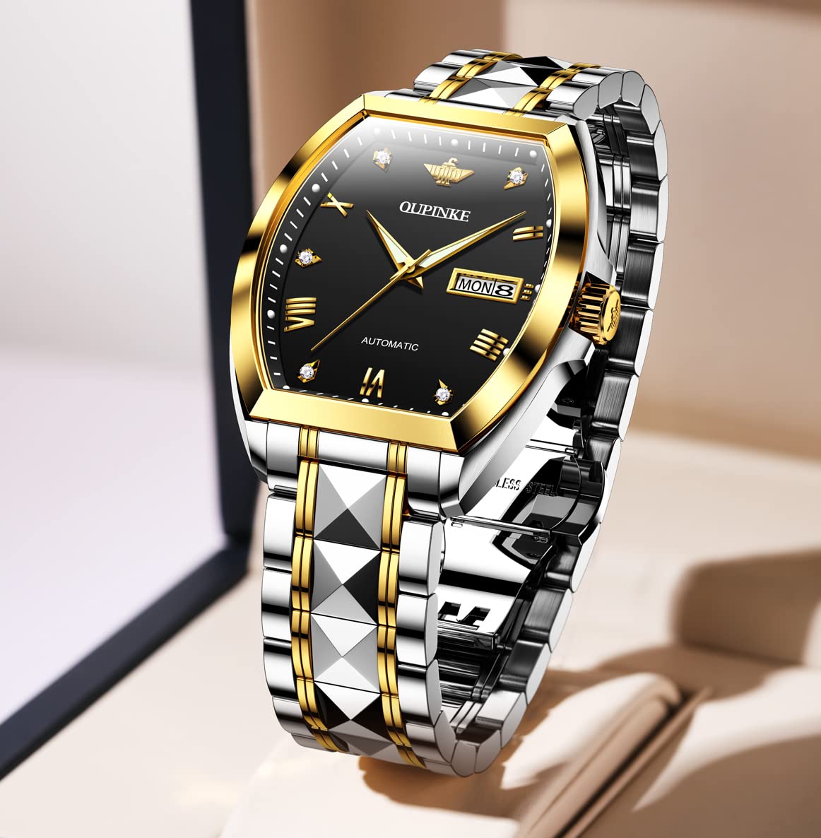 OUPINKE Mens Automatic Watch Diamond Skeleton Mechanical Self Winding Luxury Dress Wrist Watch Sapphire Crystal Tungsten