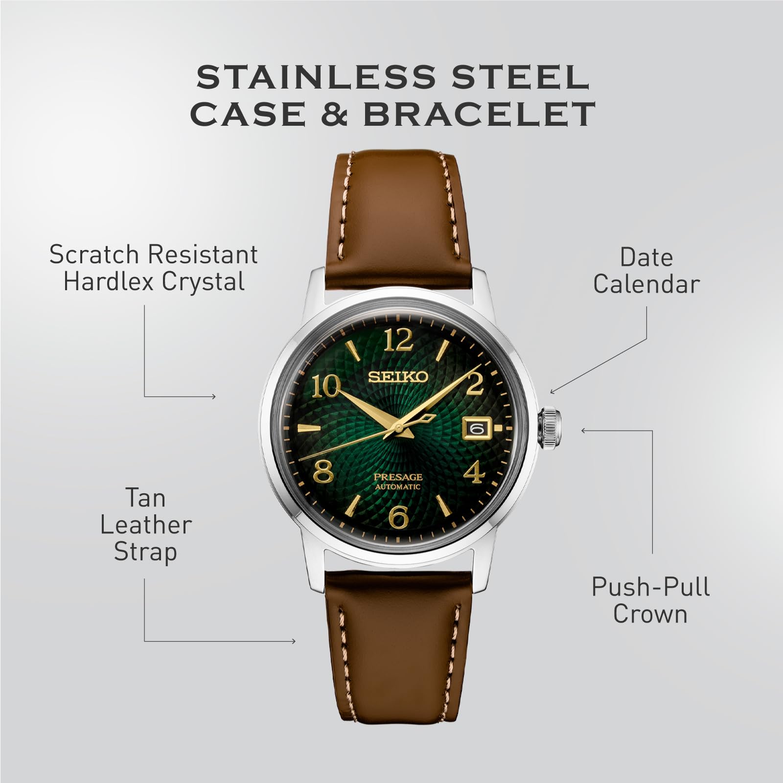 SEIKO Automatic Watch for Men - Presage Cocktail Time - Patterned with Golden Numerals and Date Calendar, 50m Water-Resistant