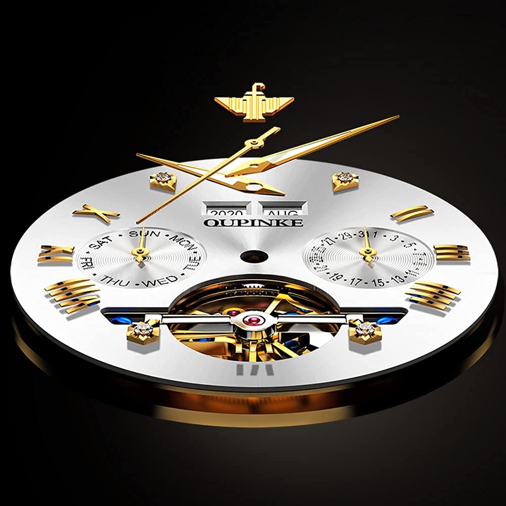 OUPINKE Mens Automatic Watch Diamond Skeleton Mechanical Self Winding Luxury Dress Wrist Watch Sapphire Crystal Tungsten