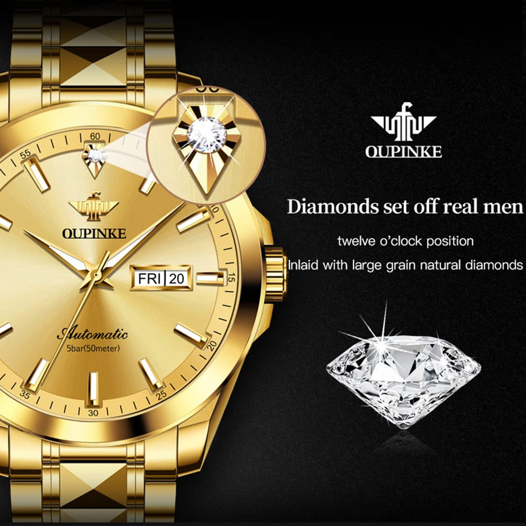 OUPINKE Mens Automatic Watches Gold Diamond Luxury Dress Self Winding Mechanical Sapphire Crystal Luminous Waterproof Mens Wrist Watch