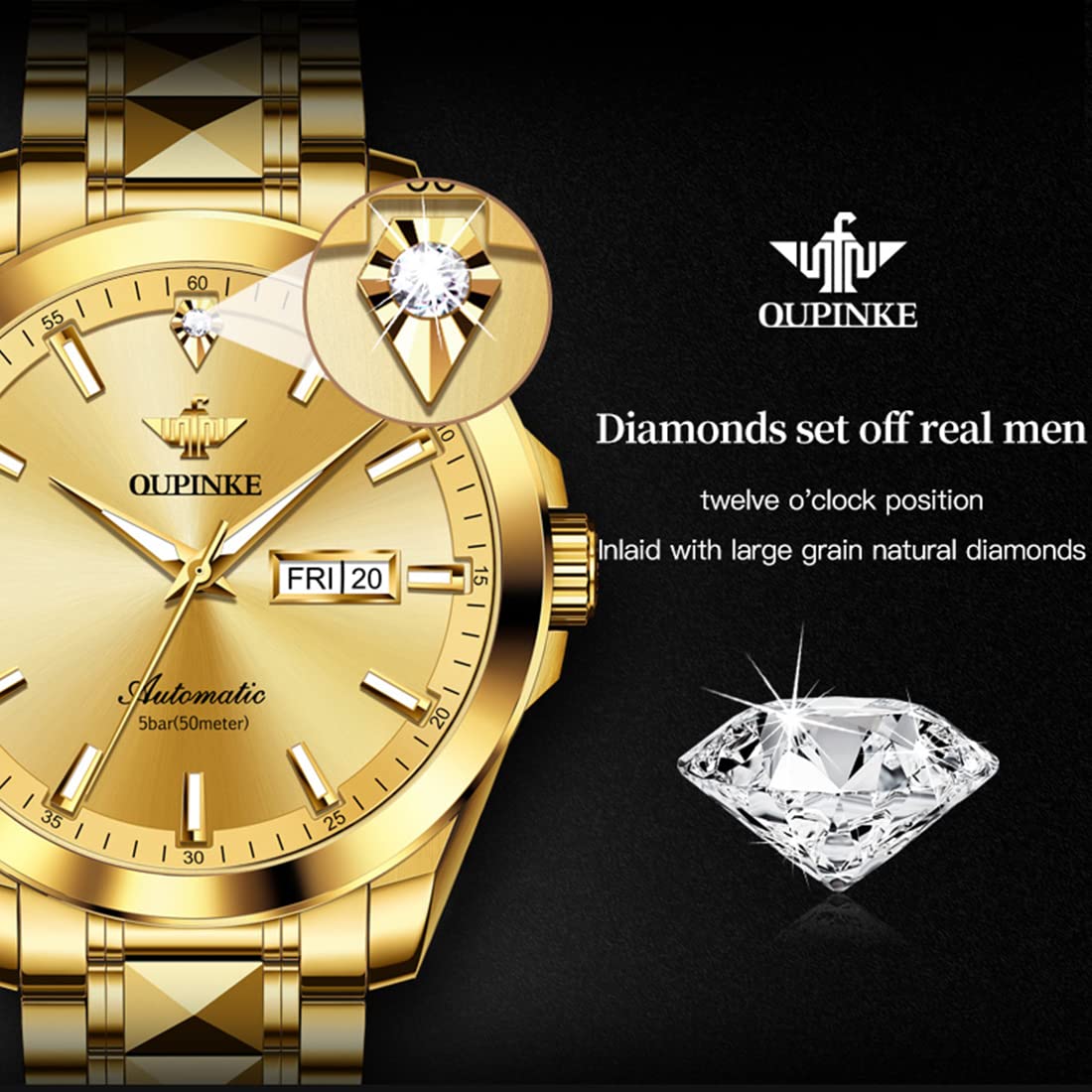OUPINKE Mens Automatic Watches Gold Diamond Luxury Dress Self Winding Mechanical Sapphire Crystal Luminous Waterproof Mens Wrist Watch