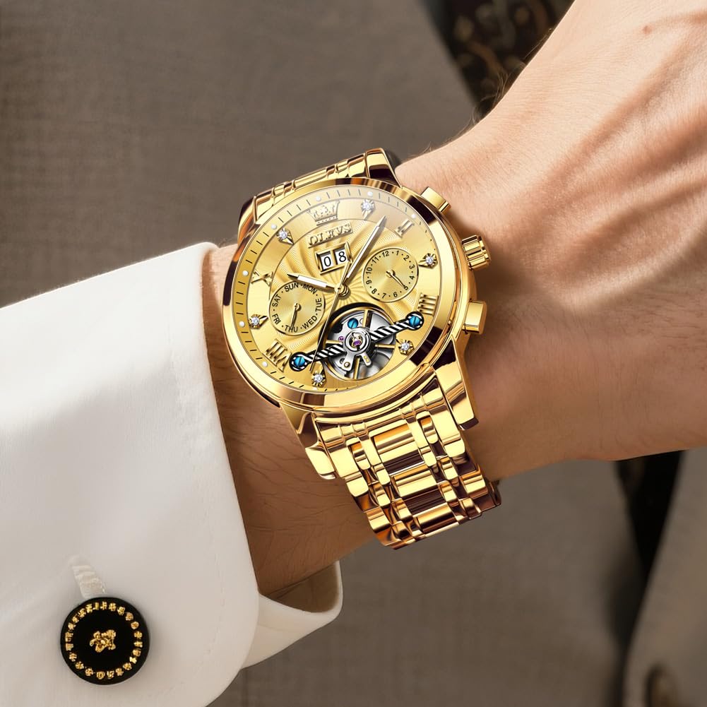 OLEVS Watches for Men Automatic Mechanical Analog Mens Watches Luxury Diamond Waterproof Mens Watch Casual Self Winding Stainless Steel Tourbillon Big Face Day Date Classic Watch for Men