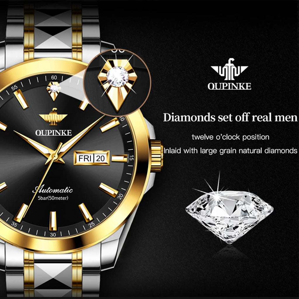 OUPINKE Mens Automatic Watches Gold Diamond Luxury Dress Self Winding Mechanical Sapphire Crystal Luminous Waterproof Mens Wrist Watch