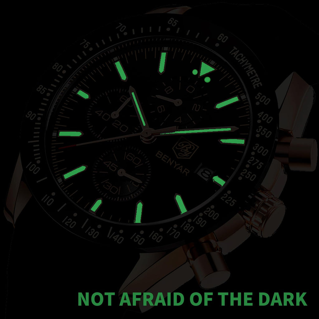 BENYAR Mens Watches Quartz Movement Chronograph Leather Strap Fashion Business Sport Design 30M Waterproof Scratch Resistant Elegant Gifts for Men