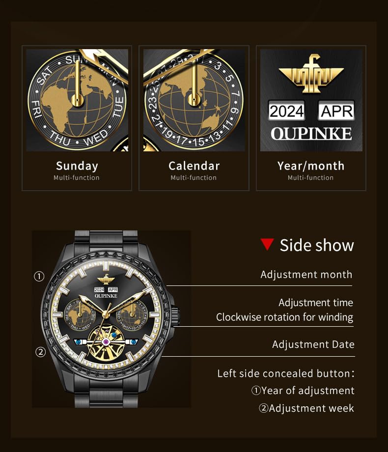 OUPINKE Mens Automatic Watches Gold Diamond Luxury Dress Self Winding Mechanical Sapphire Crystal Luminous Waterproof Mens Wrist Watch