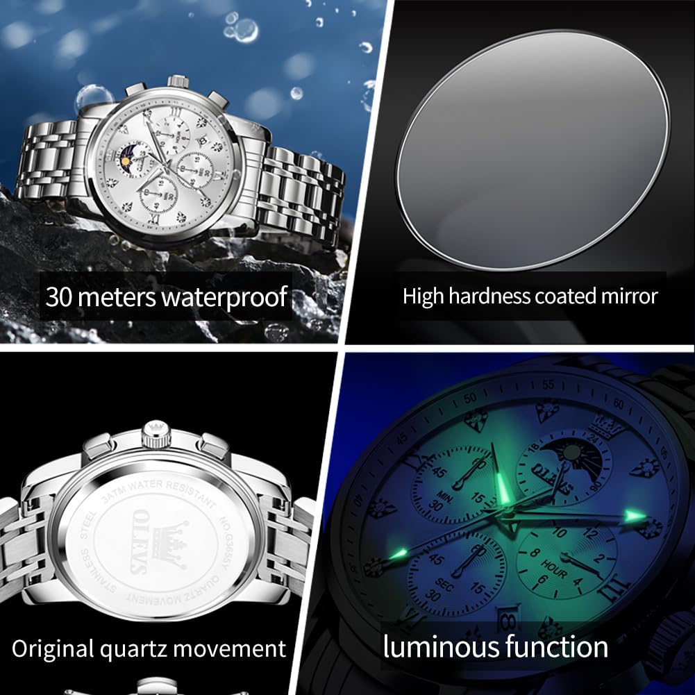 OLEVS Watch for Men Diamond Business Dress Analog Quartz Stainless Steel Waterproof Luminous Date Two Tone Luxury Casual Wrist Watch