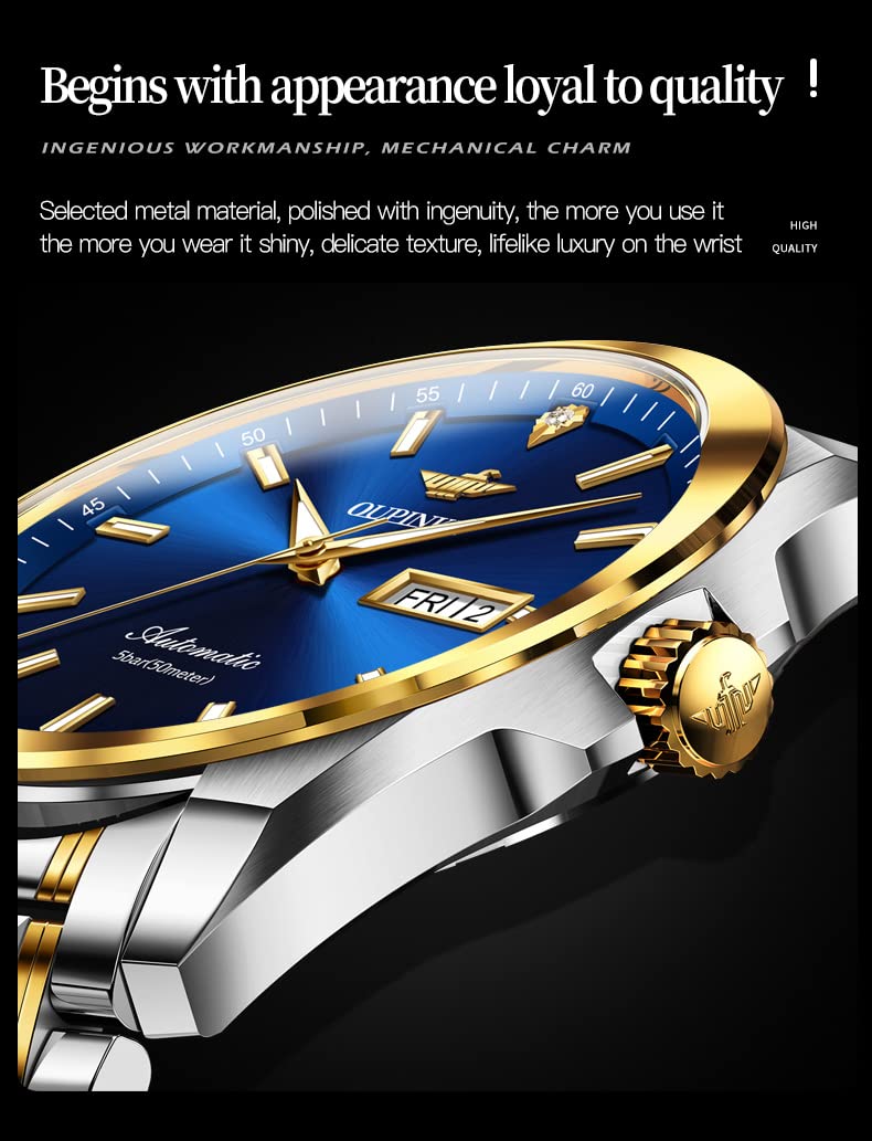 OUPINKE Mens Automatic Watches Gold Diamond Luxury Dress Self Winding Mechanical Sapphire Crystal Luminous Waterproof Mens Wrist Watch
