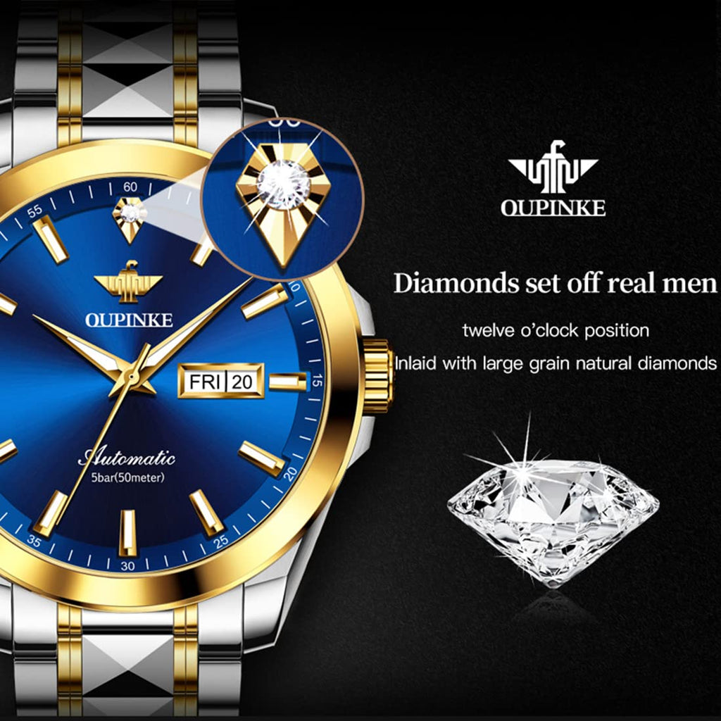 OUPINKE Mens Automatic Watches Gold Diamond Luxury Dress Self Winding Mechanical Sapphire Crystal Luminous Waterproof Mens Wrist Watch