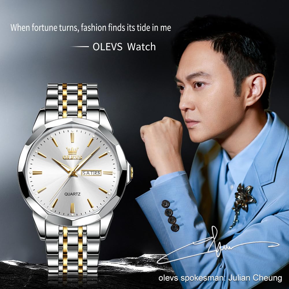 OLEVS Watch for Men Diamond Business Dress Analog Quartz Stainless Steel Waterproof Luminous Date Two Tone Luxury Casual Wrist Watch