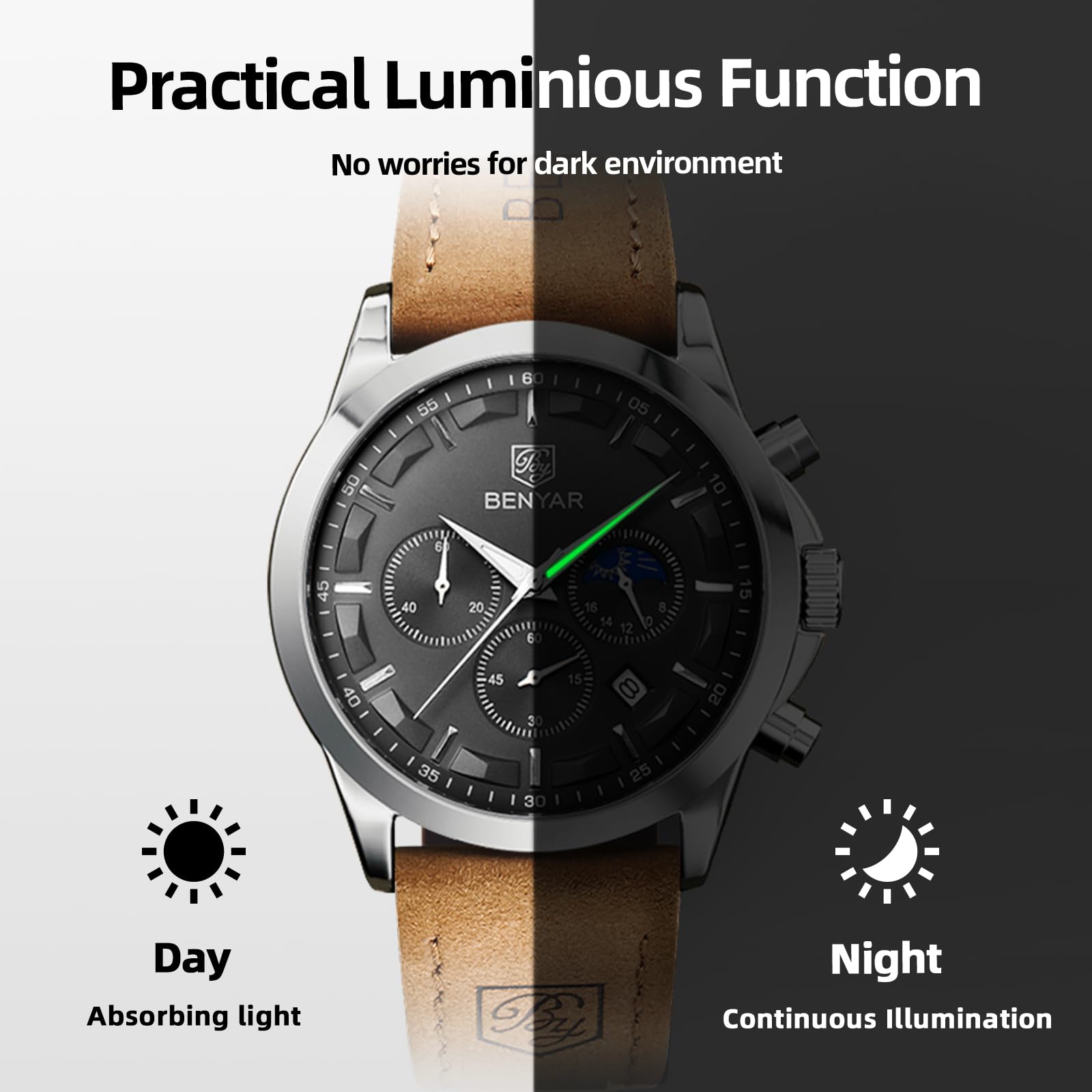 BY BENYAR Mens Watches Analog Quartz Chronograph Waterproof Wrist Watches for Men Fashion Business Work Casual Sport Designer Dress Watch with Calendar Elegant Gifts for Men