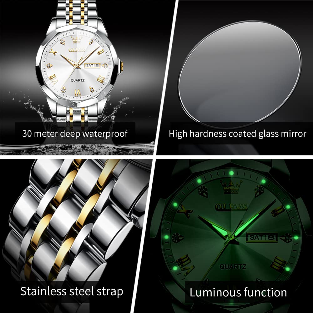 OLEVS Watch for Men Diamond Business Dress Analog Quartz Stainless Steel Waterproof Luminous Date Two Tone Luxury Casual Wrist Watch