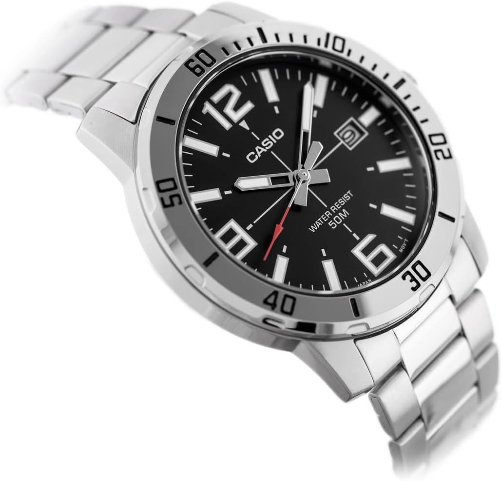 Casio MTP-VD01D-1BV Men's Enticer Stainless Steel Black Dial Casual Analog Sporty Watch, Silver, 48×42×10.7mm, Quartz Movement