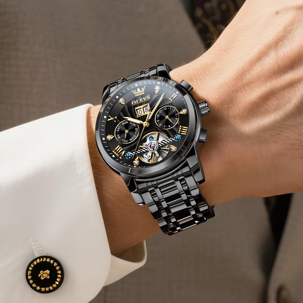 OLEVS Watches for Men Automatic Mechanical Analog Mens Watches Luxury Diamond Waterproof Mens Watch Casual Self Winding Stainless Steel Tourbillon Big Face Day Date Classic Watch for Men