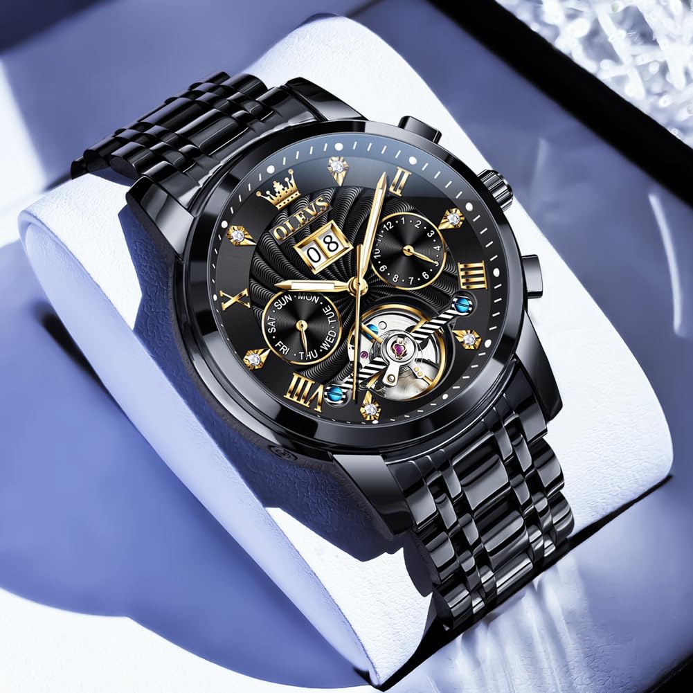 OLEVS Watches for Men Automatic Mechanical Analog Mens Watches Luxury Diamond Waterproof Mens Watch Casual Self Winding Stainless Steel Tourbillon Big Face Day Date Classic Watch for Men