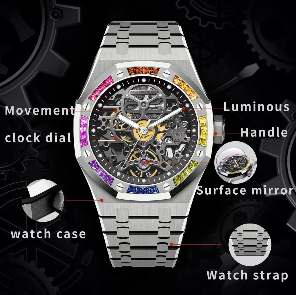 Redhai Automatic Mechanical Watch Skeleton Stainless 50M Waterproof Anti Shock Casual Diver Men Wrist Watch Sterling Watches Chronograph Analog Business Casual Fashion Adjustable Silicone Band