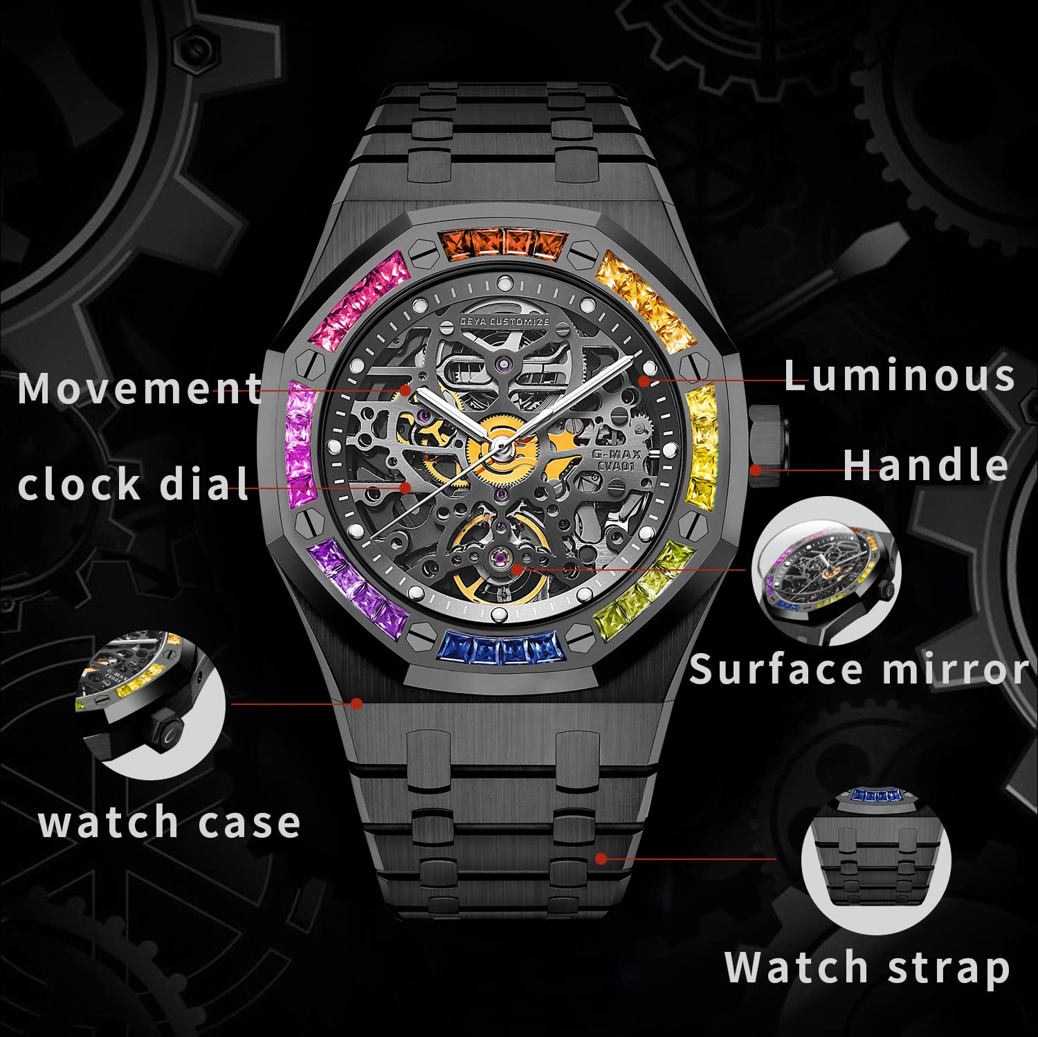 Redhai Automatic Mechanical Watch Skeleton Stainless 50M Waterproof Anti Shock Casual Diver Men Wrist Watch Sterling Watches Chronograph Analog Business Casual Fashion Adjustable Silicone Band