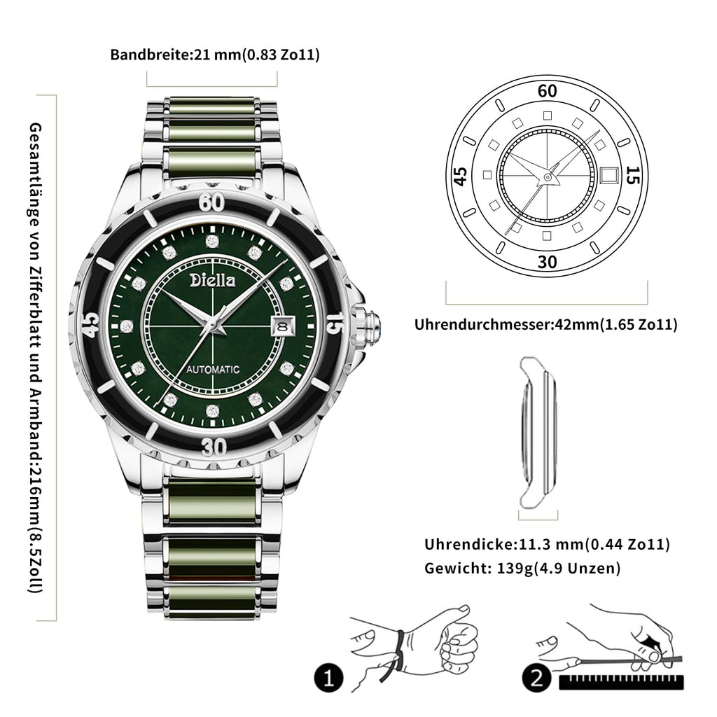 Diella Automatic Watches for Men with Jade & Stainless Steel, Rhinestones Men’s Wrist Watches Luxury Mechanical Waterproof Dress Watch (Model: AD6020)