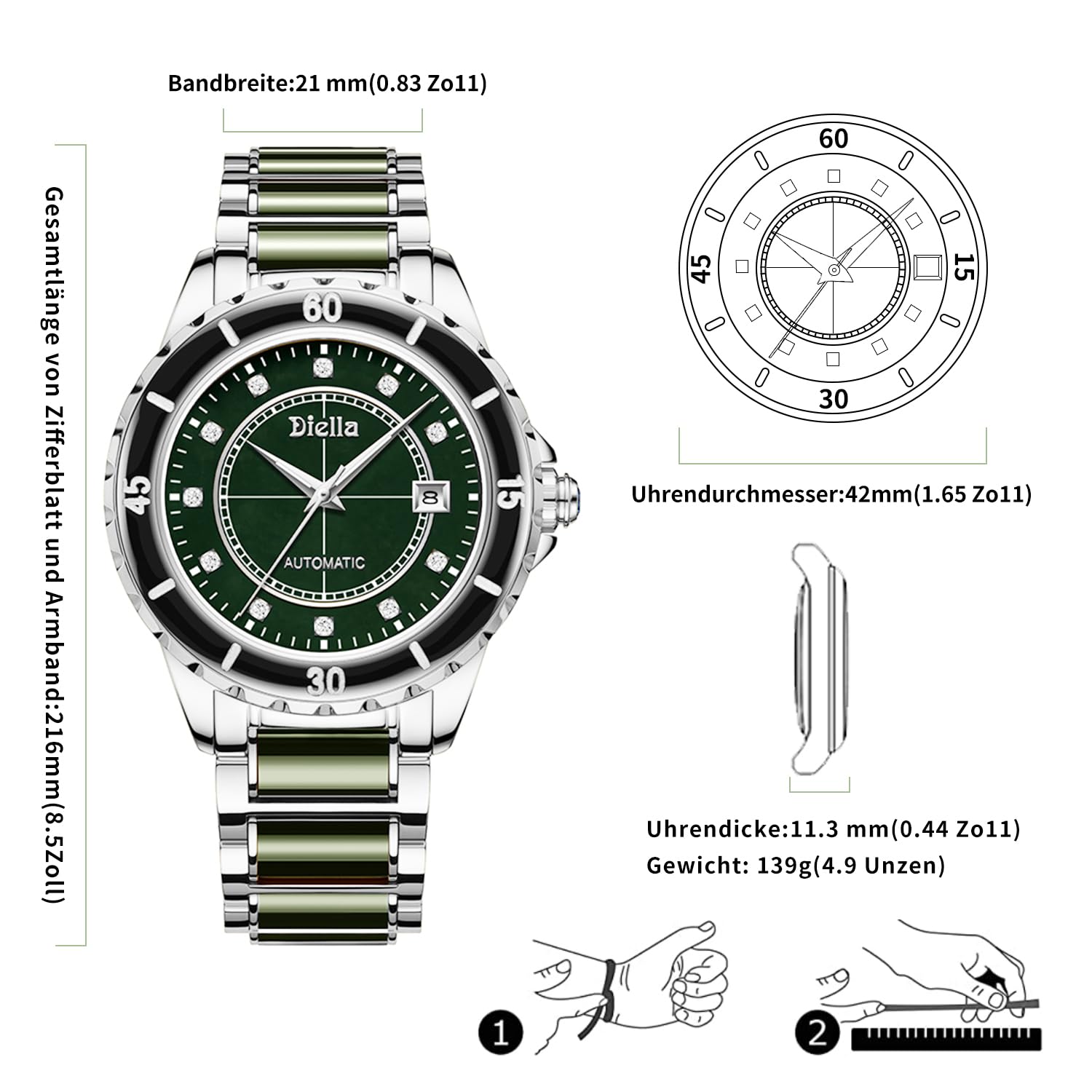 Diella Automatic Watches for Men with Jade & Stainless Steel, Rhinestones Men’s Wrist Watches Luxury Mechanical Waterproof Dress Watch (Model: AD6020)