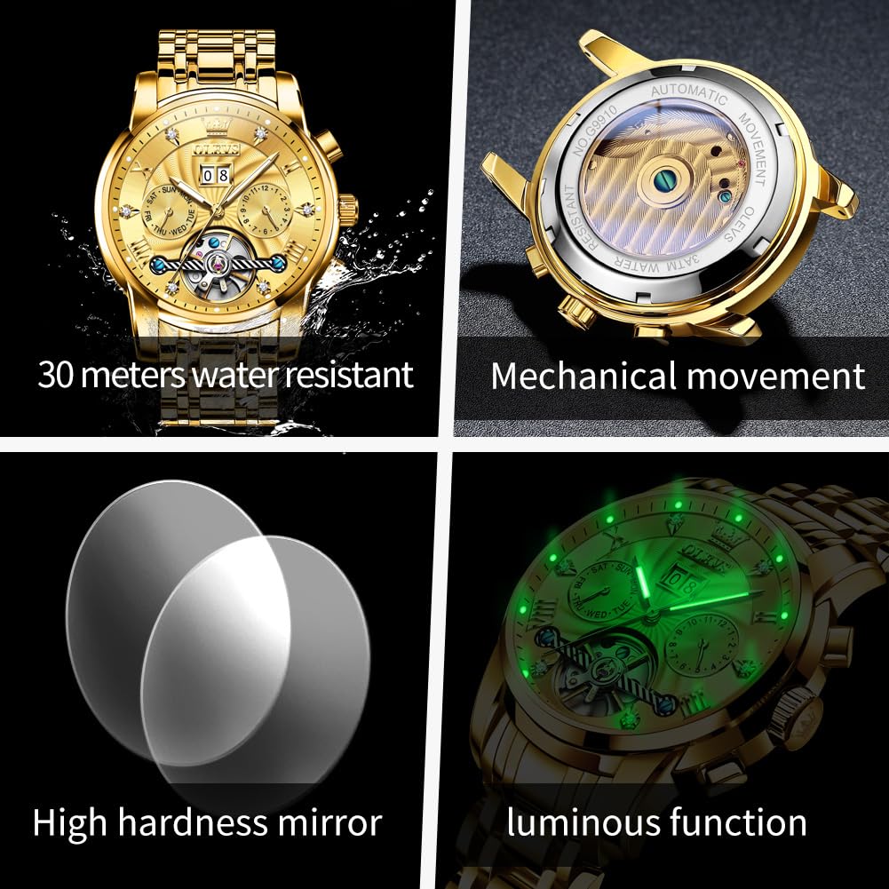 OLEVS Watches for Men Automatic Mechanical Analog Mens Watches Luxury Diamond Waterproof Mens Watch Casual Self Winding Stainless Steel Tourbillon Big Face Day Date Classic Watch for Men