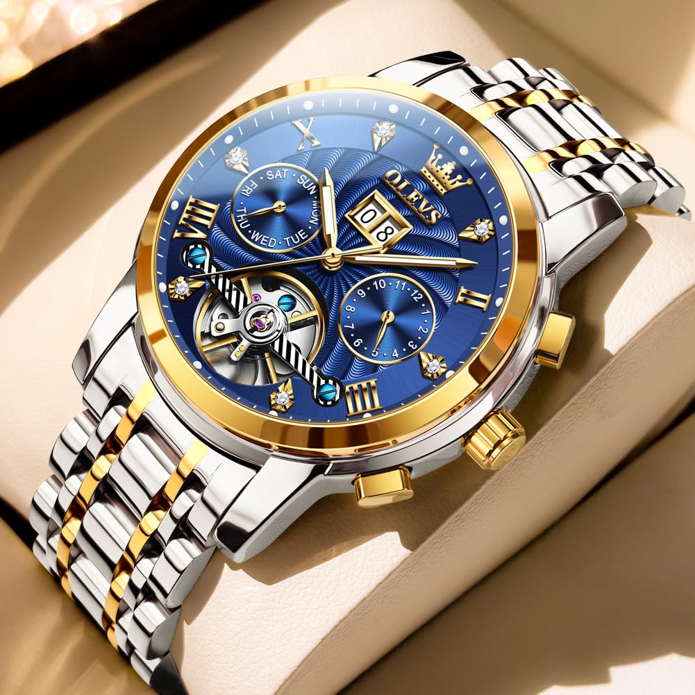 OLEVS Watches for Men Automatic Mechanical Analog Mens Watches Luxury Diamond Waterproof Mens Watch Casual Self Winding Stainless Steel Tourbillon Big Face Day Date Classic Watch for Men