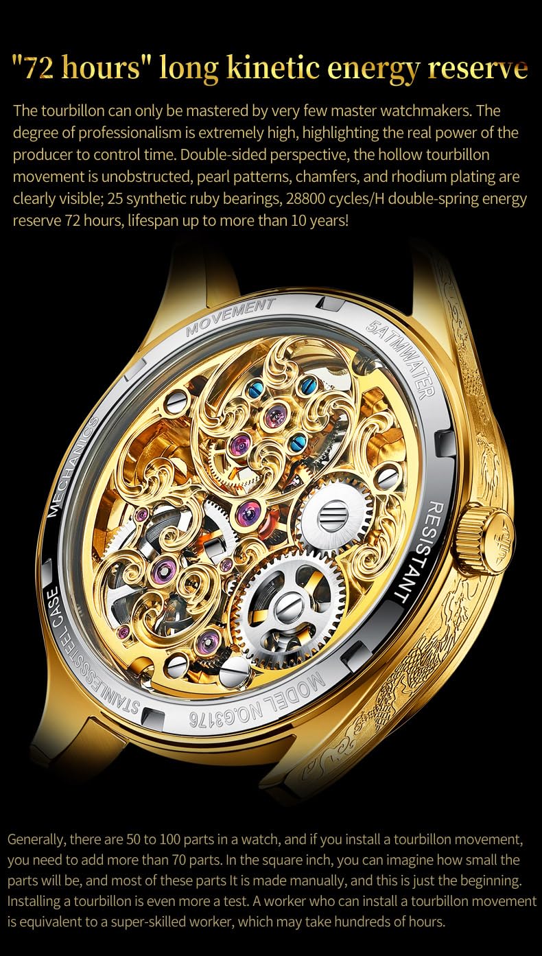 OUPINKE Mens Automatic Watches Gold Diamond Luxury Dress Self Winding Mechanical Sapphire Crystal Luminous Waterproof Mens Wrist Watch