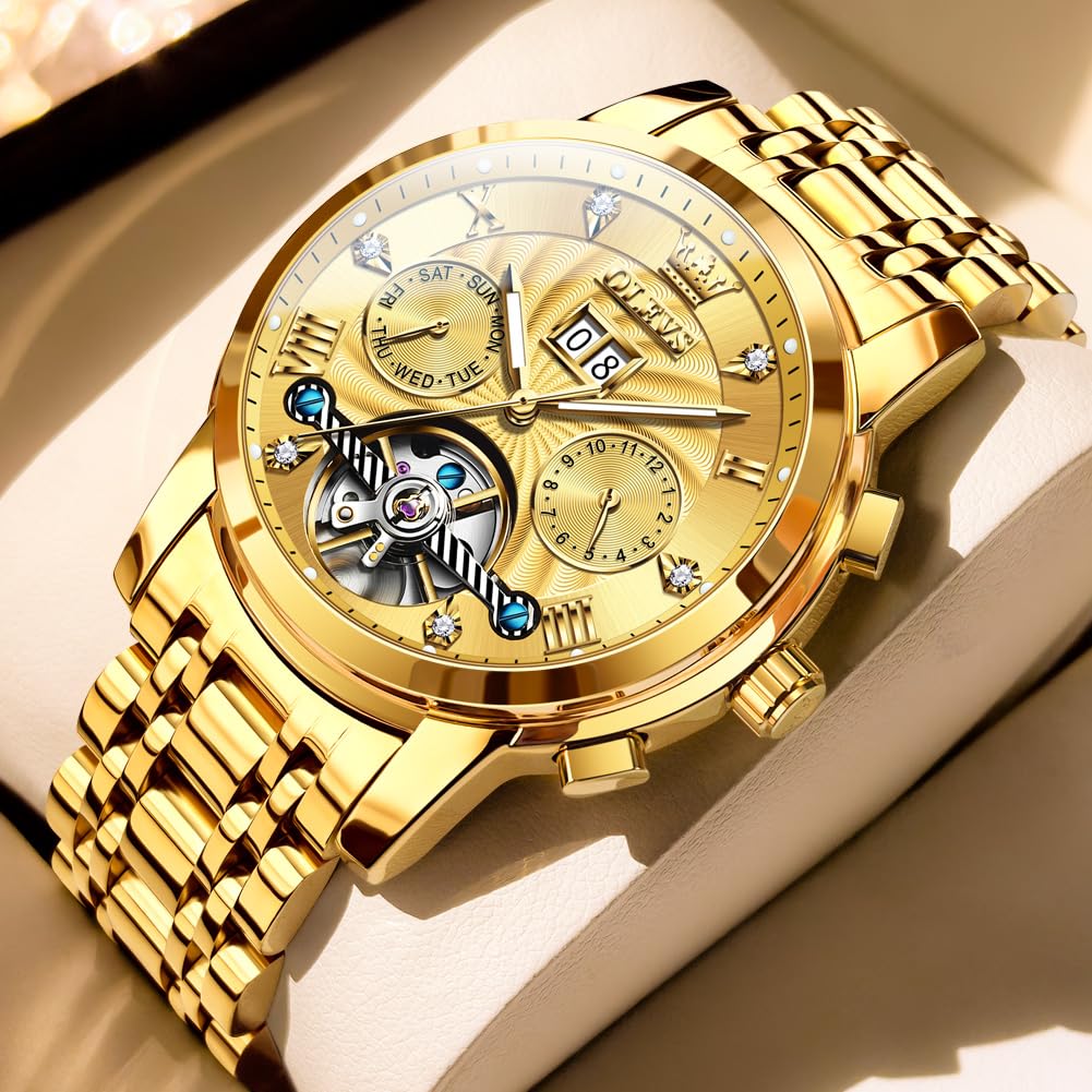 OLEVS Watches for Men Automatic Mechanical Analog Mens Watches Luxury Diamond Waterproof Mens Watch Casual Self Winding Stainless Steel Tourbillon Big Face Day Date Classic Watch for Men