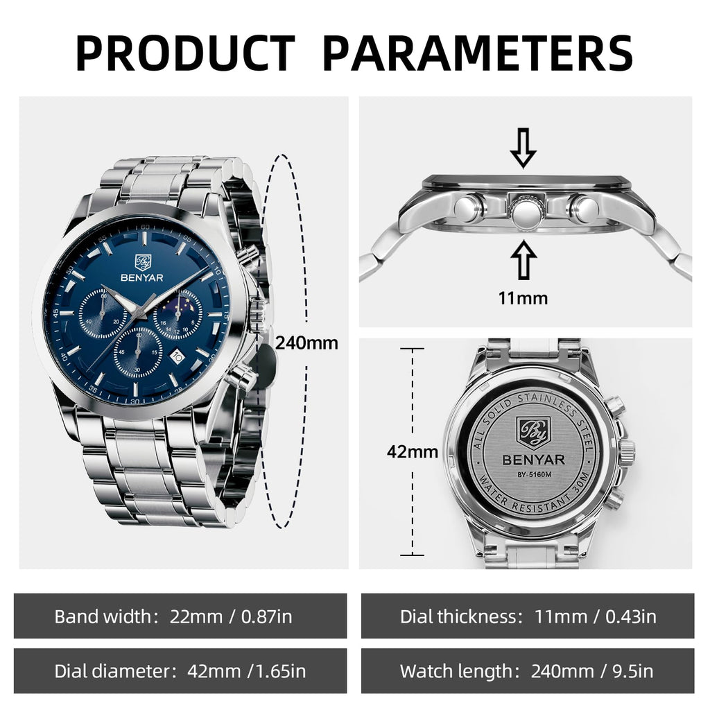 BY BENYAR Mens Watches Analog Quartz Chronograph Waterproof Wrist Watches for Men Fashion Business Work Casual Sport Designer Dress Watch with Calendar Elegant Gifts for Men