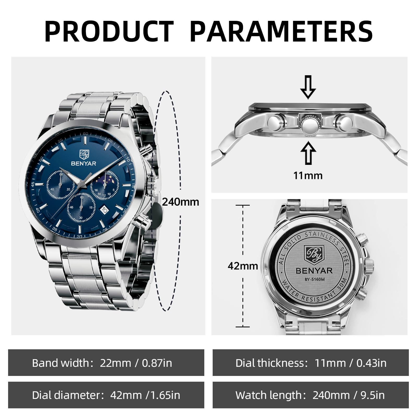 BY BENYAR Mens Watches Analog Quartz Chronograph Waterproof Wrist Watches for Men Fashion Business Work Casual Sport Designer Dress Watch with Calendar Elegant Gifts for Men