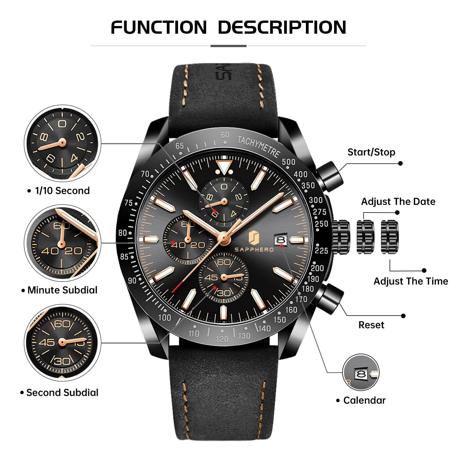 BENYAR Mens Watches Quartz Movement Chronograph Leather Strap Fashion Business Sport Design 30M Waterproof Scratch Resistant Elegant Gifts for Men