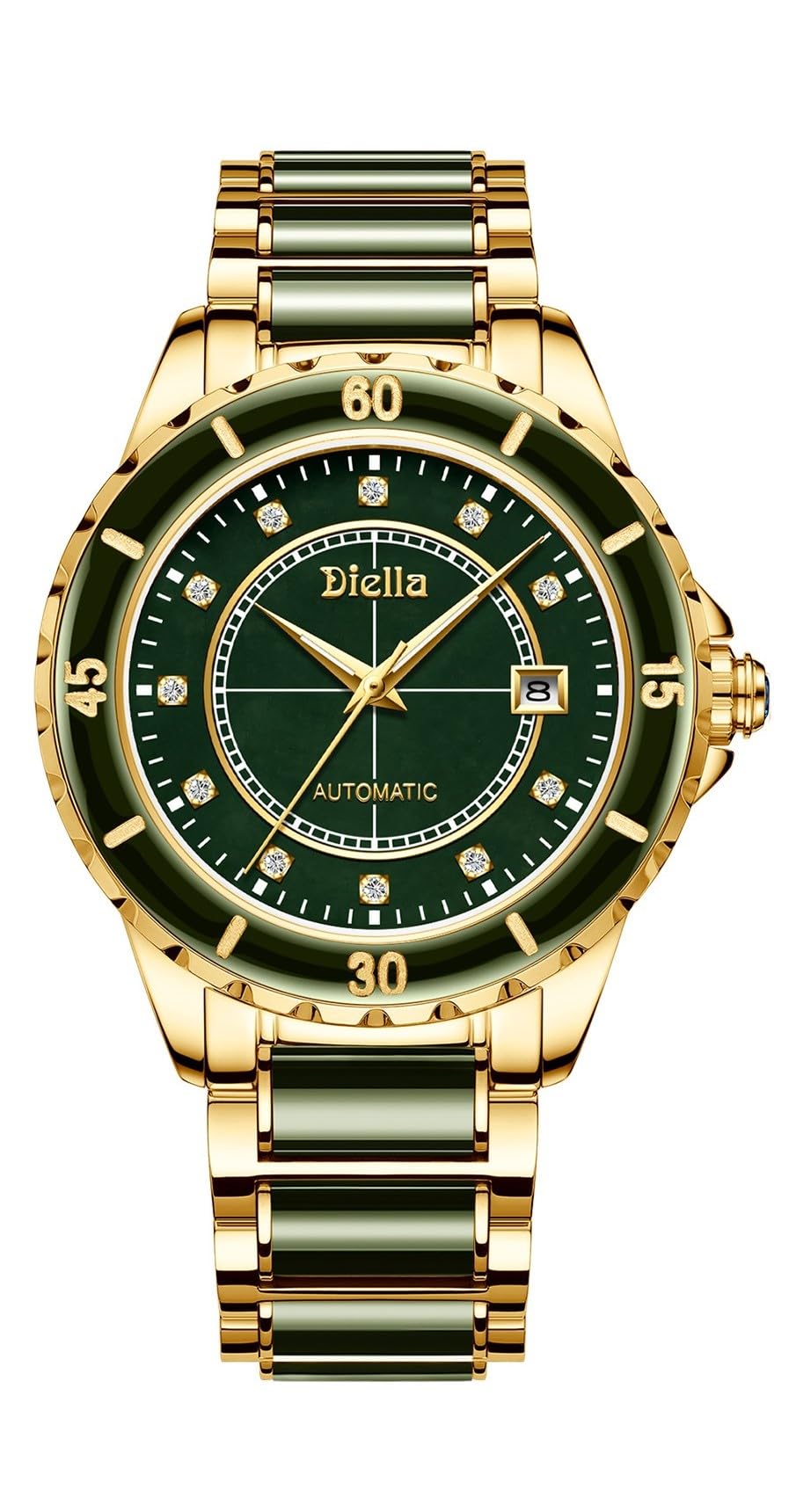 Diella Automatic Watches for Men with Jade & Stainless Steel, Rhinestones Men’s Wrist Watches Luxury Mechanical Waterproof Dress Watch (Model: AD6020)