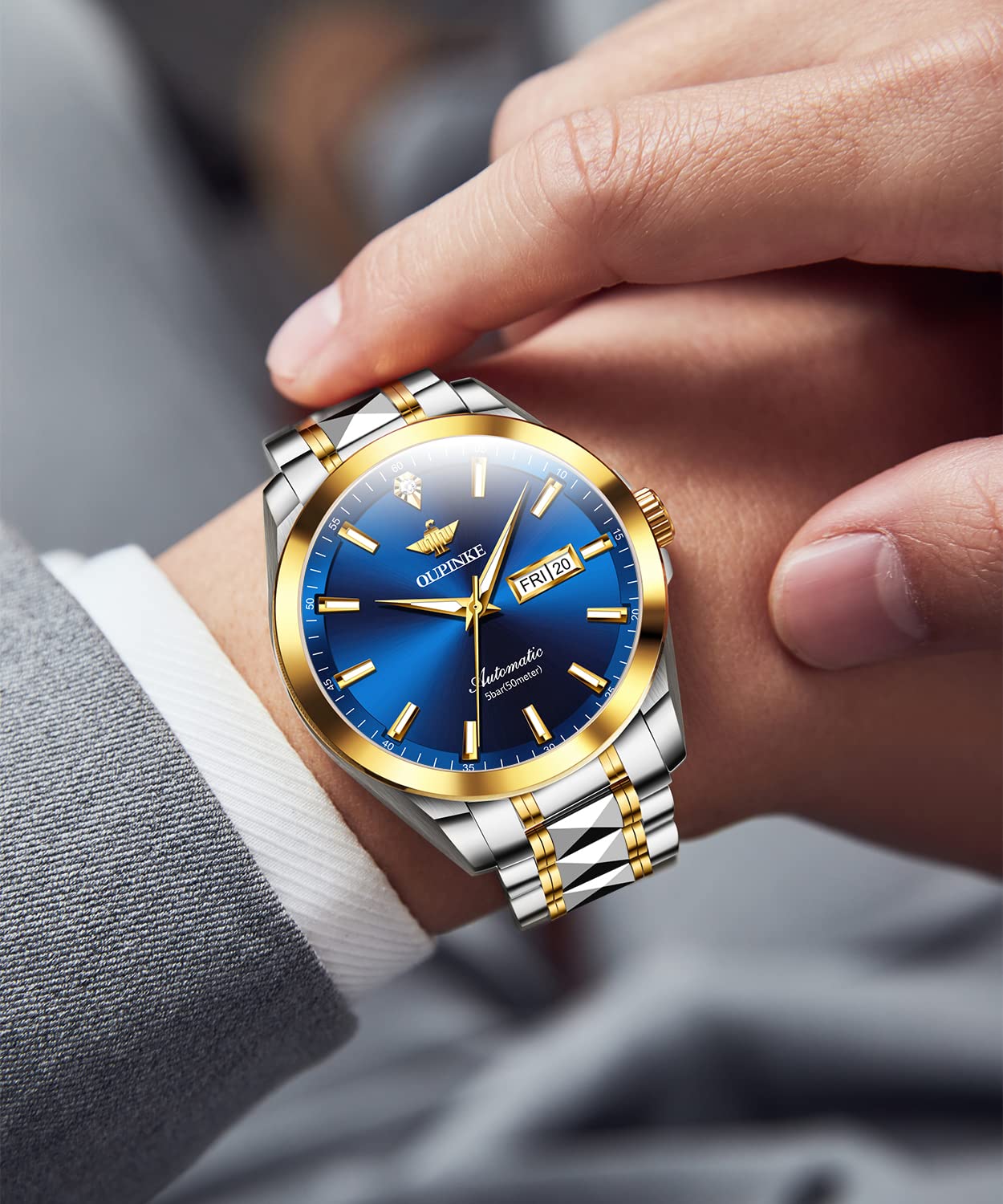 OUPINKE Mens Automatic Watches Gold Diamond Luxury Dress Self Winding Mechanical Sapphire Crystal Luminous Waterproof Mens Wrist Watch