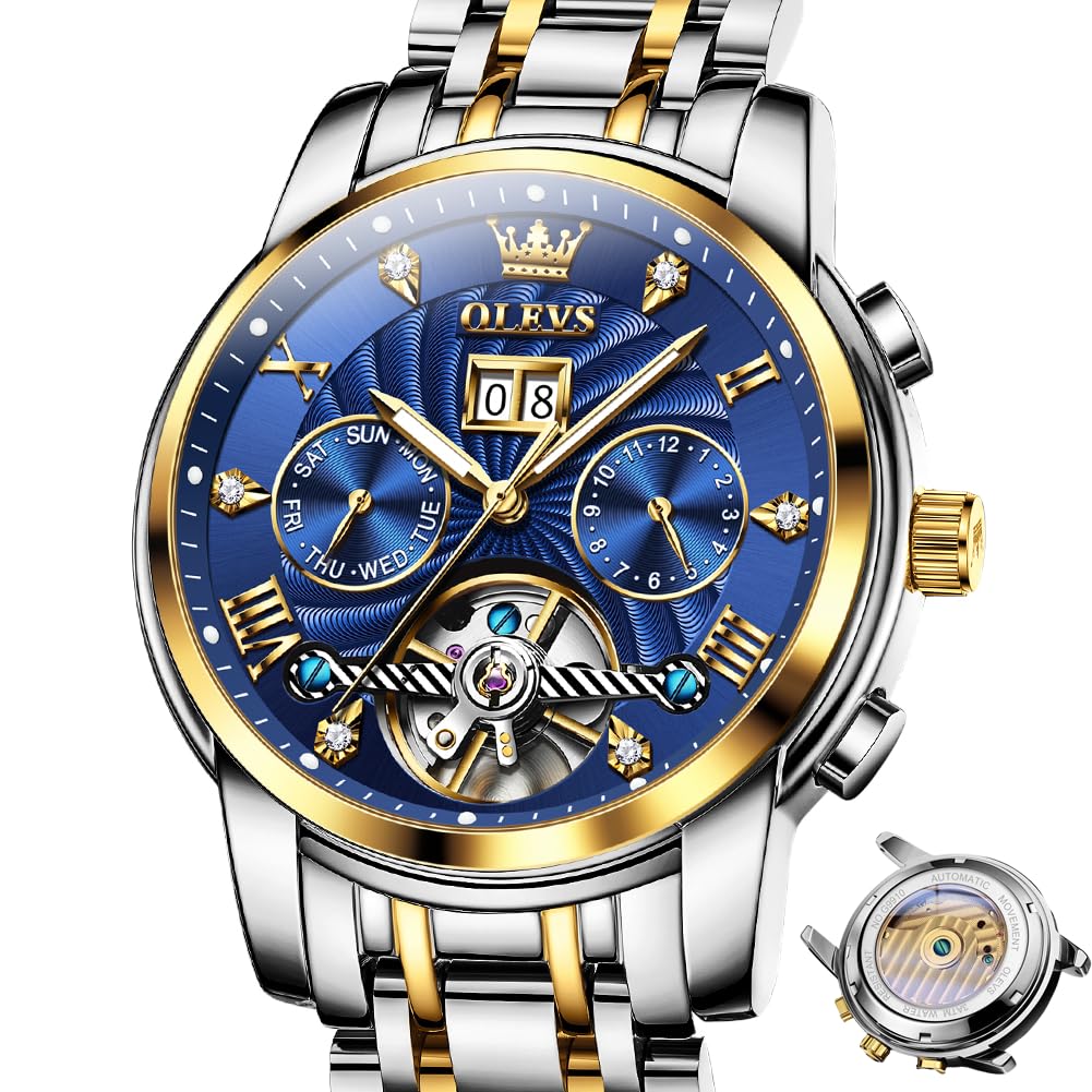 OLEVS Watches for Men Automatic Mechanical Analog Mens Watches Luxury Diamond Waterproof Mens Watch Casual Self Winding Stainless Steel Tourbillon Big Face Day Date Classic Watch for Men