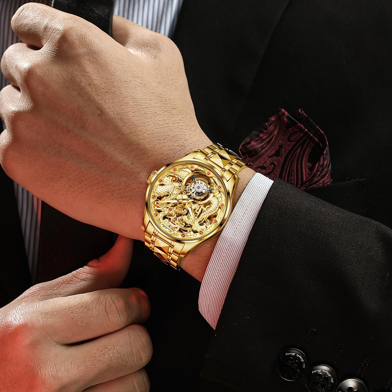 OUPINKE Mens Automatic Watches Gold Diamond Luxury Dress Self Winding Mechanical Sapphire Crystal Luminous Waterproof Mens Wrist Watch