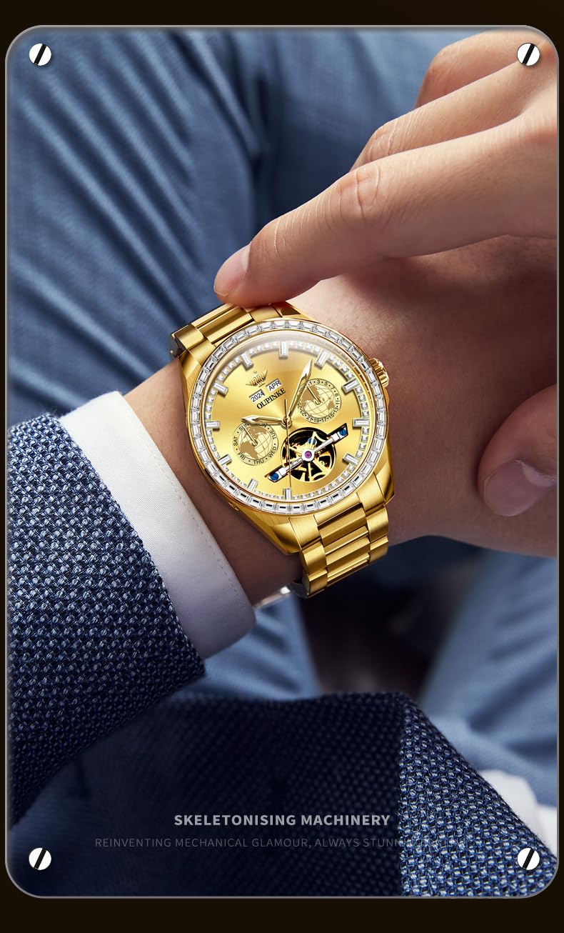 OUPINKE Mens Automatic Watches Gold Diamond Luxury Dress Self Winding Mechanical Sapphire Crystal Luminous Waterproof Mens Wrist Watch