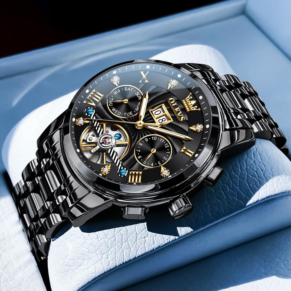 OLEVS Watches for Men Automatic Mechanical Analog Mens Watches Luxury Diamond Waterproof Mens Watch Casual Self Winding Stainless Steel Tourbillon Big Face Day Date Classic Watch for Men