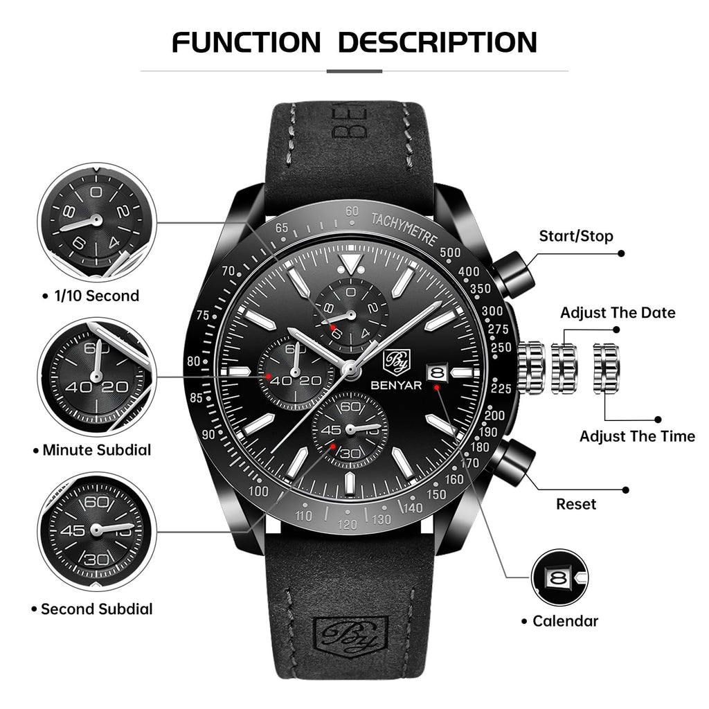 BENYAR Mens Watches Quartz Movement Chronograph Leather Strap Fashion Business Sport Design 30M Waterproof Scratch Resistant Elegant Gifts for Men