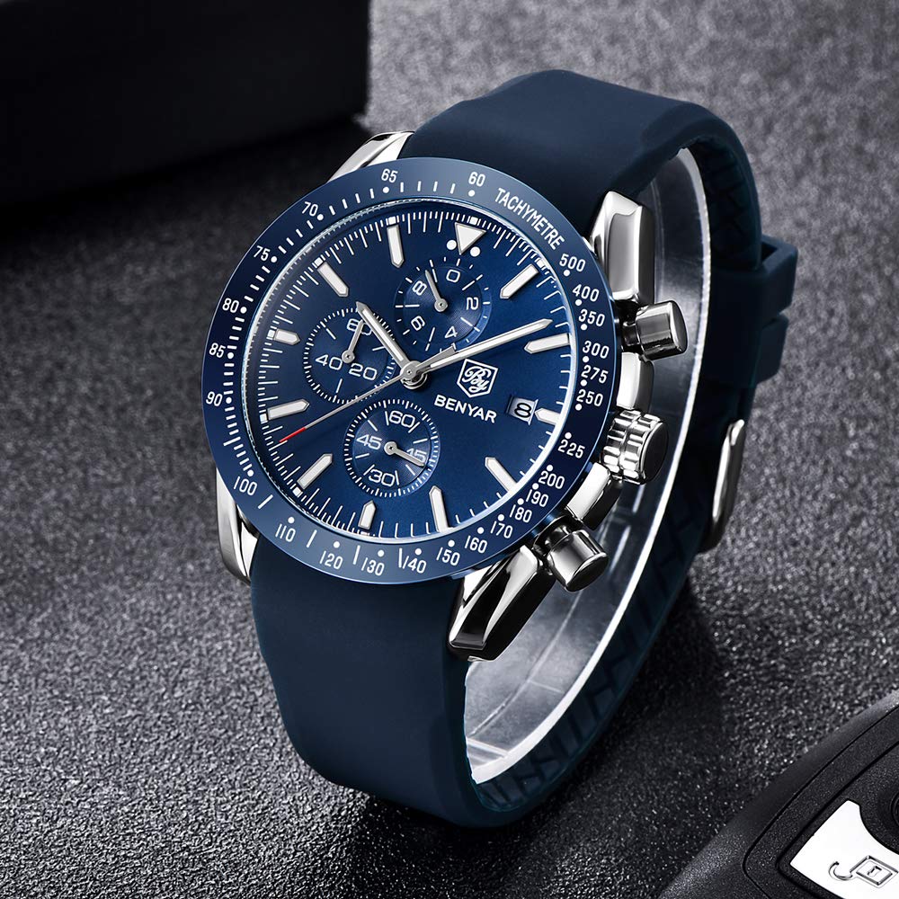 BENYAR Mens Watches Quartz Movement Chronograph Leather Strap Fashion Business Sport Design 30M Waterproof Scratch Resistant Elegant Gifts for Men