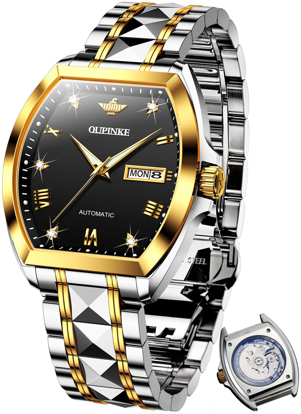 OUPINKE Mens Automatic Watch Diamond Skeleton Mechanical Self Winding Luxury Dress Wrist Watch Sapphire Crystal Tungsten