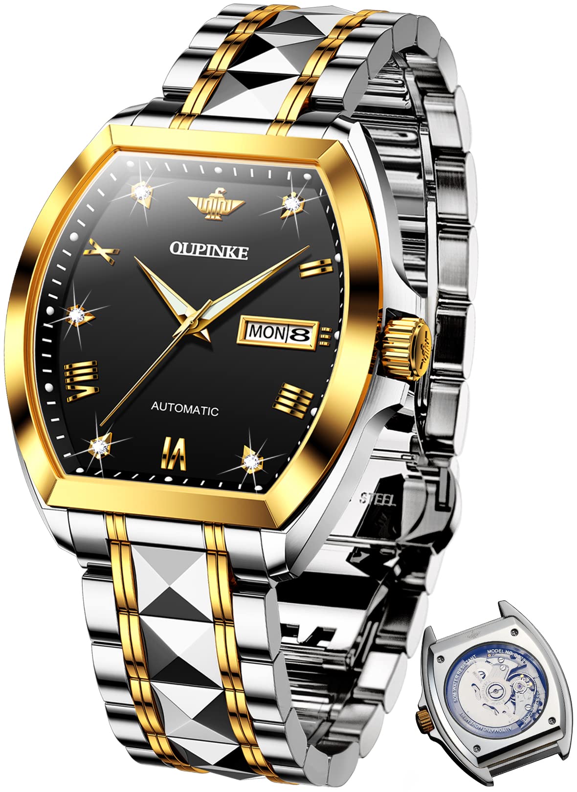OUPINKE Mens Automatic Watch Diamond Skeleton Mechanical Self Winding Luxury Dress Wrist Watch Sapphire Crystal Tungsten