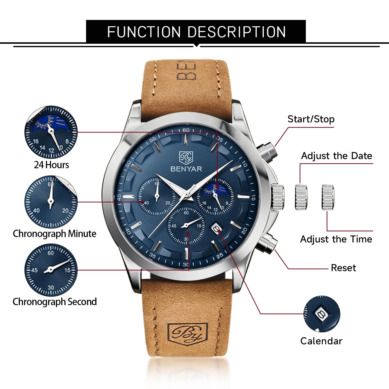 BY BENYAR Mens Watches Analog Quartz Chronograph Waterproof Wrist Watches for Men Fashion Business Work Casual Sport Designer Dress Watch with Calendar Elegant Gifts for Men