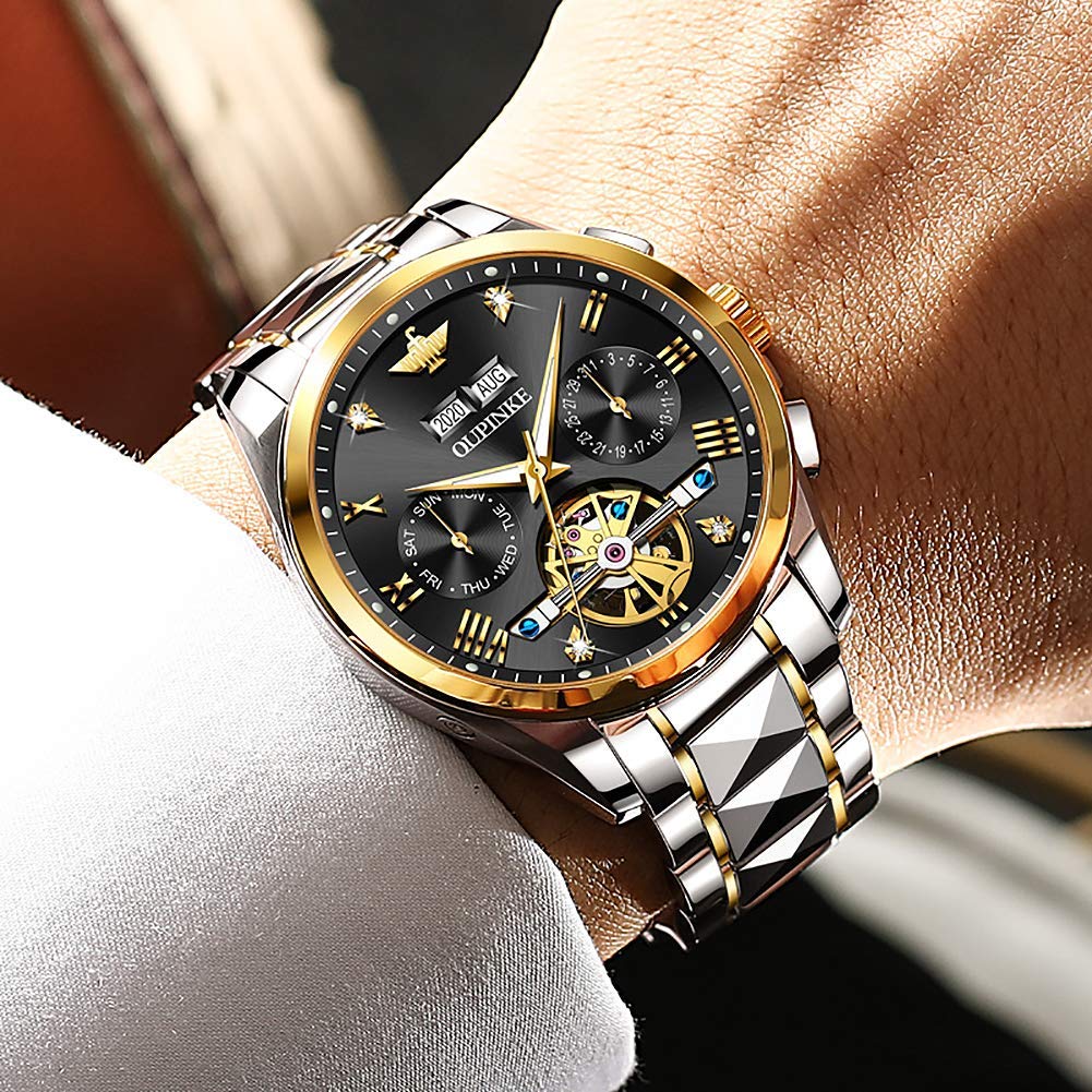 OUPINKE Mens Automatic Watch Diamond Skeleton Mechanical Self Winding Luxury Dress Wrist Watch Sapphire Crystal Tungsten