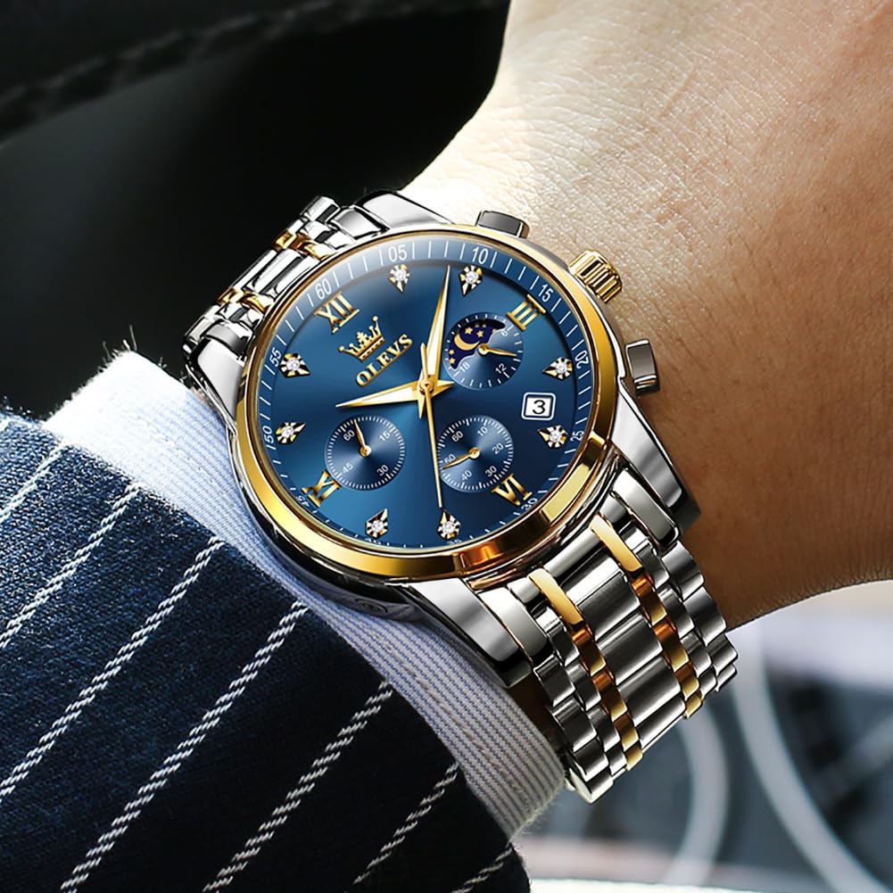 OLEVS Watch for Men Diamond Business Dress Analog Quartz Stainless Steel Waterproof Luminous Date Two Tone Luxury Casual Wrist Watch