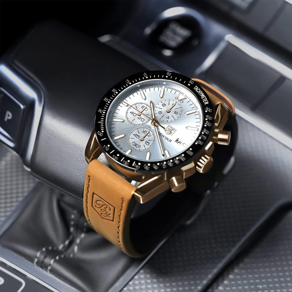 BENYAR Mens Watches Quartz Movement Chronograph Leather Strap Fashion Business Sport Design 30M Waterproof Scratch Resistant Elegant Gifts for Men