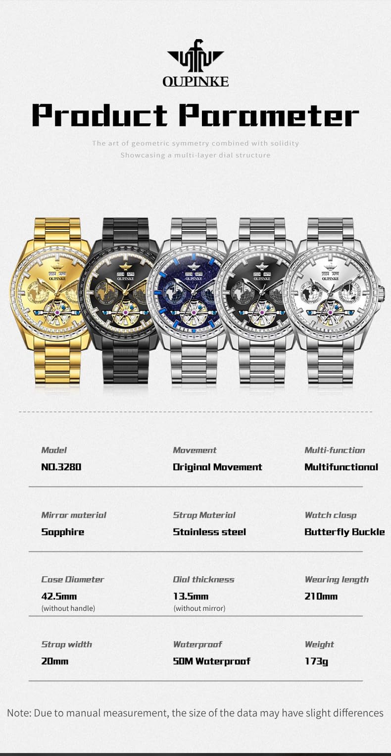 OUPINKE Mens Automatic Watches Gold Diamond Luxury Dress Self Winding Mechanical Sapphire Crystal Luminous Waterproof Mens Wrist Watch