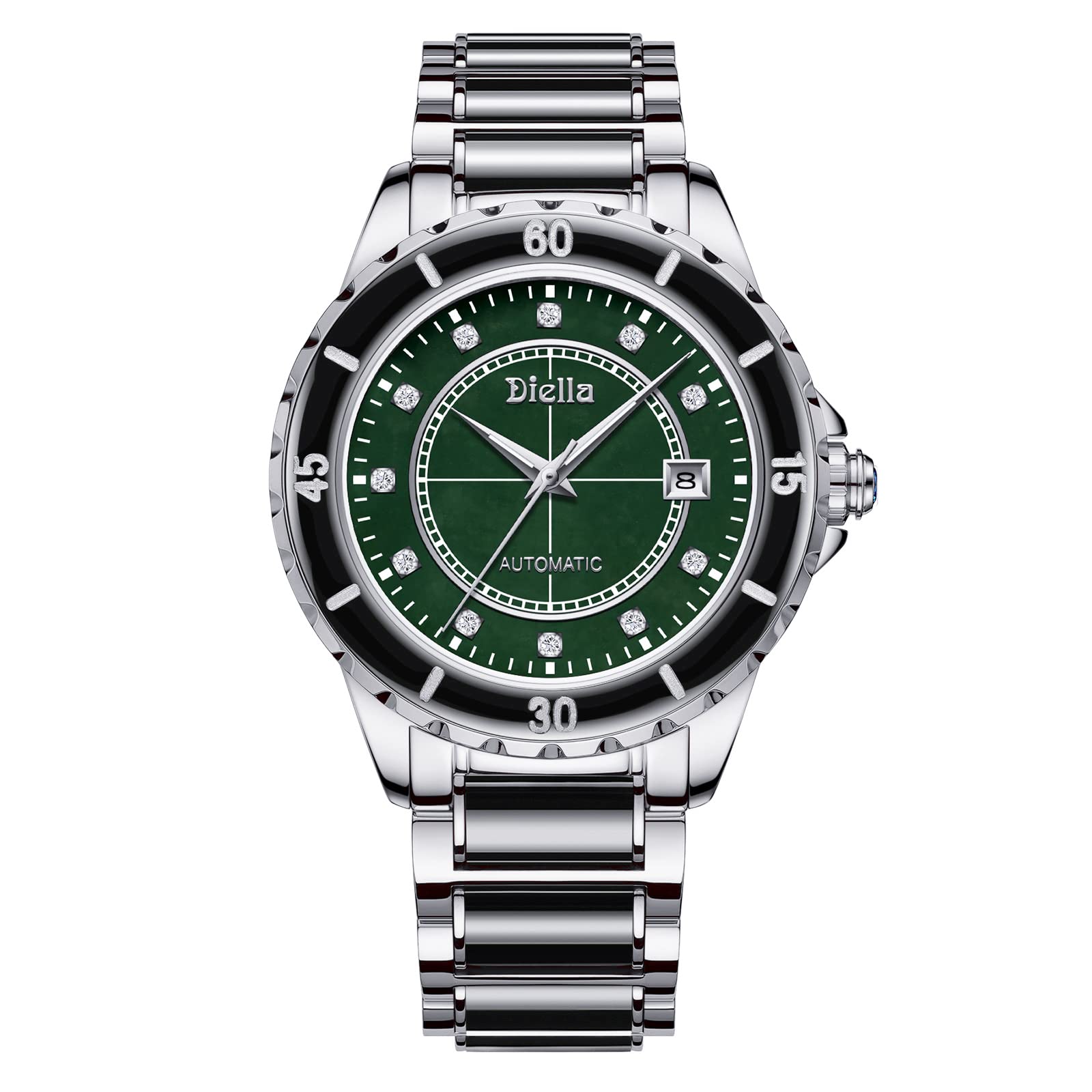 Diella Automatic Watches for Men with Jade & Stainless Steel, Rhinestones Men’s Wrist Watches Luxury Mechanical Waterproof Dress Watch (Model: AD6020)