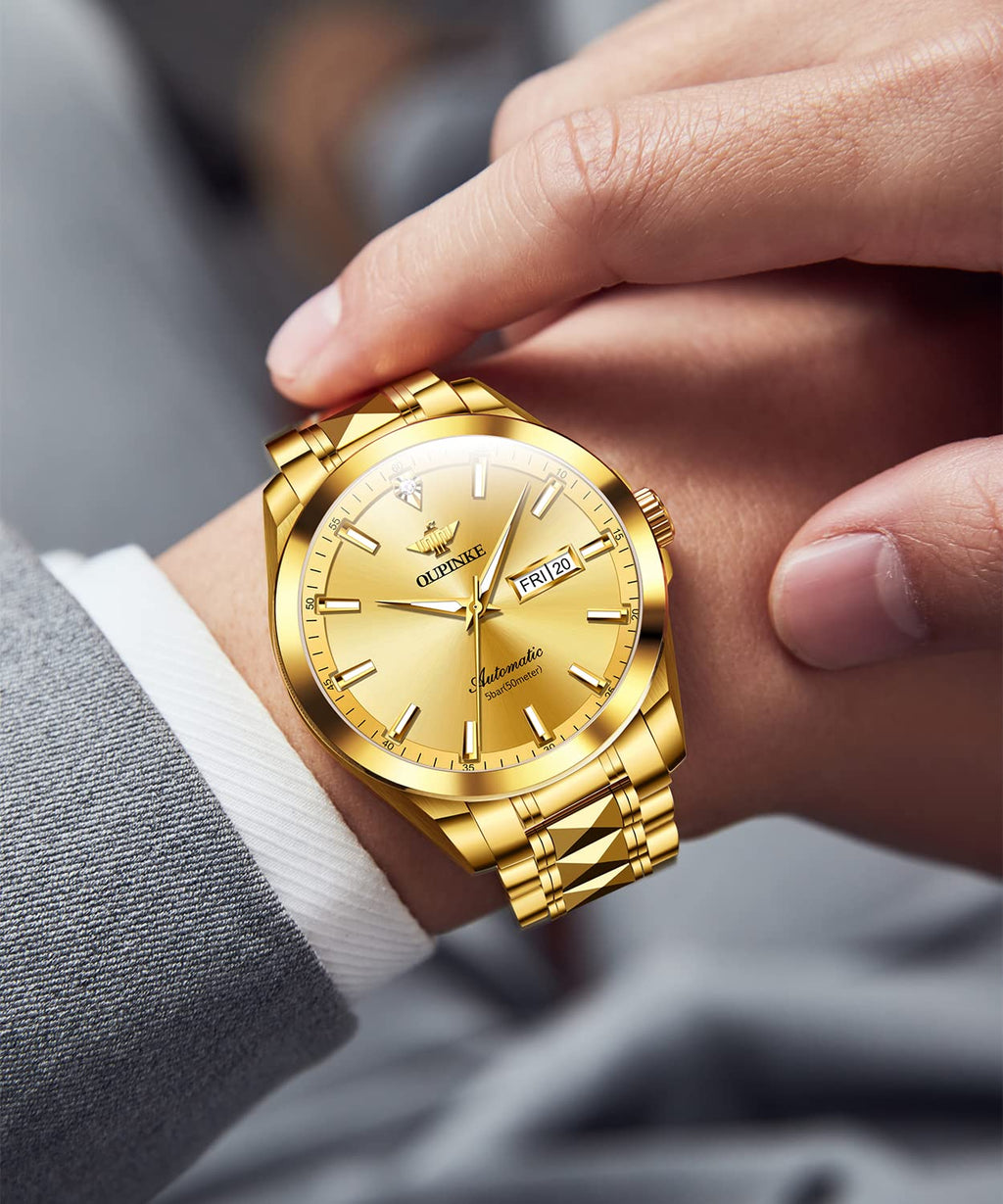 OUPINKE Mens Automatic Watches Gold Diamond Luxury Dress Self Winding Mechanical Sapphire Crystal Luminous Waterproof Mens Wrist Watch